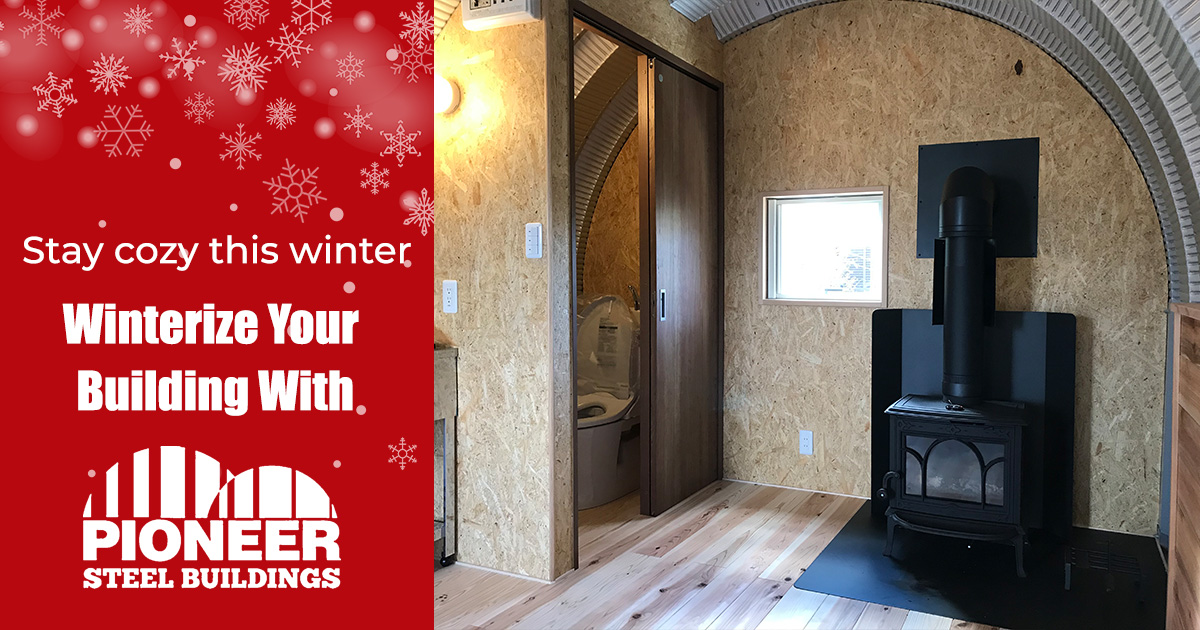 Wood burning stove in a Pioneer Steel mini building